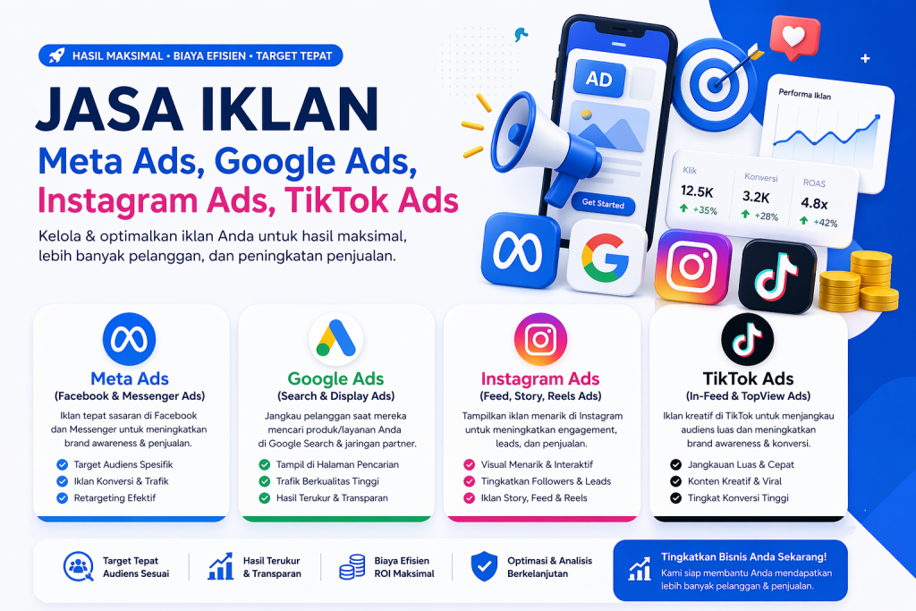 Jasa Iklan FacebookMeta Ads, Google Ads, Instagram Ads dan Tiktok Ads